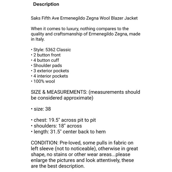 Saks Fifth Ave Ermenegildo Zegna Italy Wool Sport Coat Blazer Jacket  Men's 38 - Picture 8 of 9